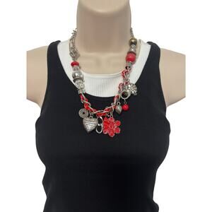Women's Paprazzi Red Charm Silver Tone Chain Chunky Necklace BOHO Statement